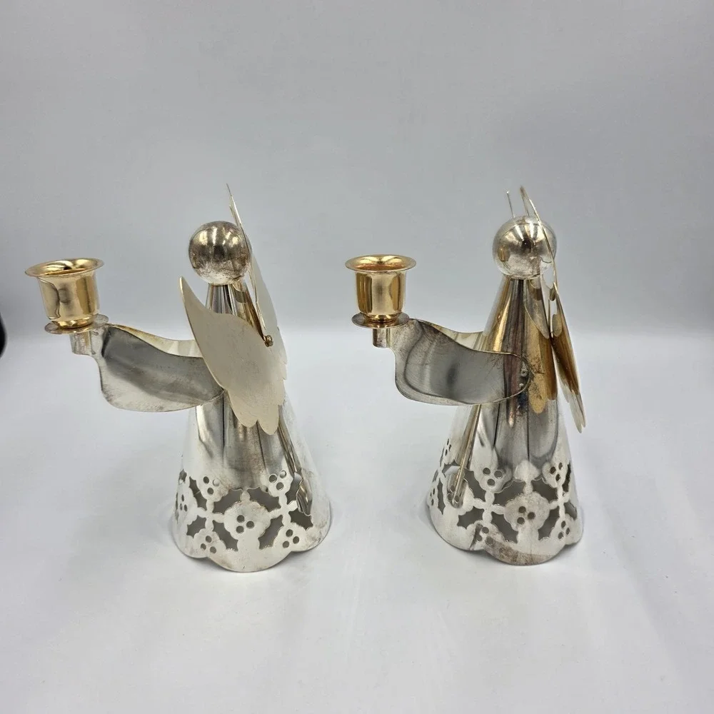 Vtg Internatial Silver Silverplate & Brass Angels‎ Holly Candlestick Holders 6